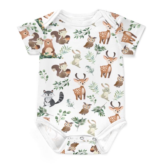 Baby Woodland Animals Green Leaves Onesie Bodysuit for Baby Boy Girl Bear Deer Bunny Raccoon Squirrel Newborn Short Sleeve Bodysuits Shirt