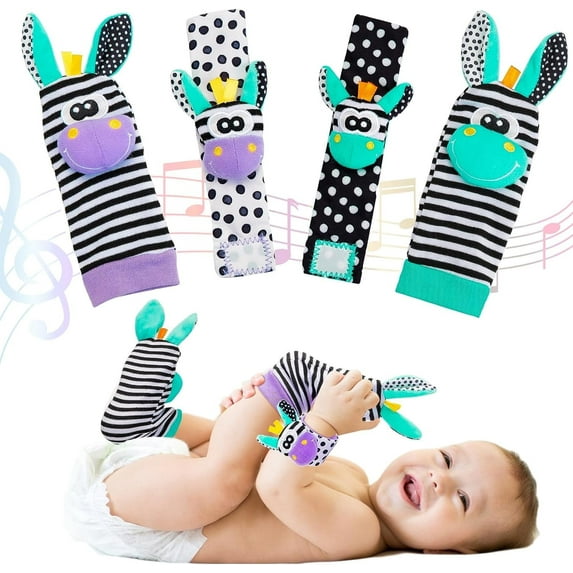 Baby Wrist Rattles Sock Toys - Newborn Baby Sock Toys 0-6 Months, 8PCS Soft Foot Finder and Wrist Rattle Set, Hand and Feet Rattles for Babies, Sensory Developmental Socks for Infants Girl Boy Gifts