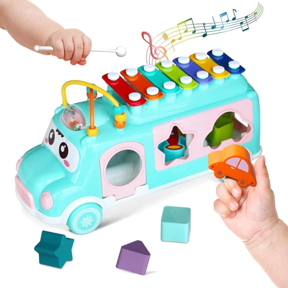 Baby Xylophone for Toddlers 18M+, Bus Shaped Toy Xylophone for Kids with Child Safe Mallet, Shape Sorting Educational Musical Toys and Instruments for Toddlers 1-3