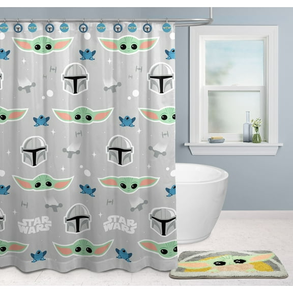 Baby Yoda 14-Piece Shower Curtain Set with Tufted Rug, 72 x 72, Microfiber, Green, Star Wars