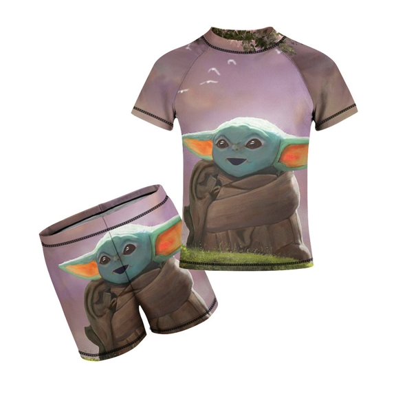 Baby Yoda Boys 2-Piece Swimsuit Set, Short Sleeve Rash Guard & Swim Trunks