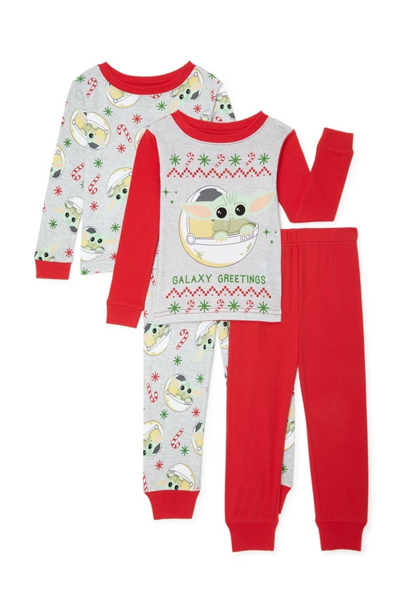 Baby Yoda Christmas Holiday Toddler Boys Long Sleeve Snug Fit Cotton Pajamas, 4pc Set