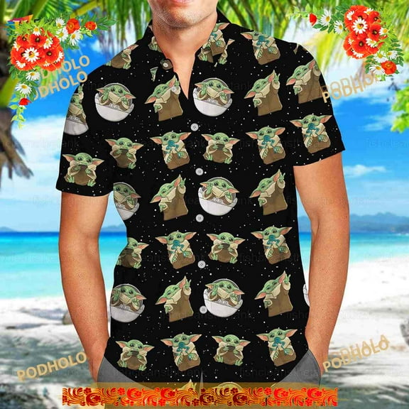 Baby Yoda Funny Hawaiian Shirt, Grogu Mandalorian Summer Shirt, Yoda Spaceship Shirt