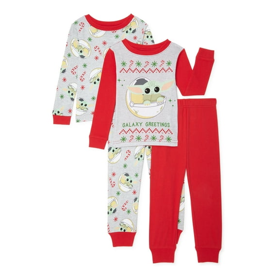 Baby Yoda Holiday Toddler Boys Long Sleeve Cotton Pajamas, 4pc Set
