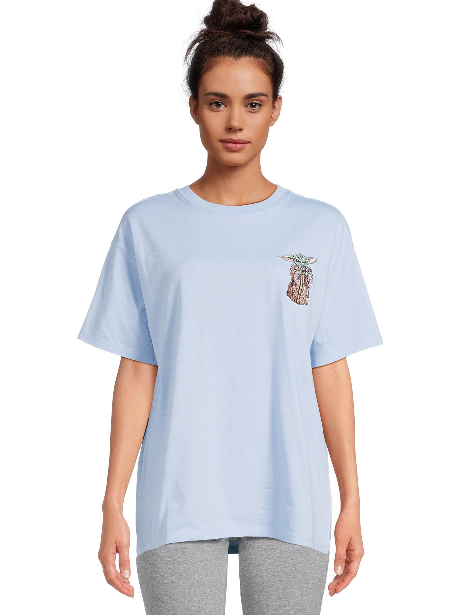 Baby Yoda Juniors Embroidered Oversized Graphic Tee, Sizes XS-3XL