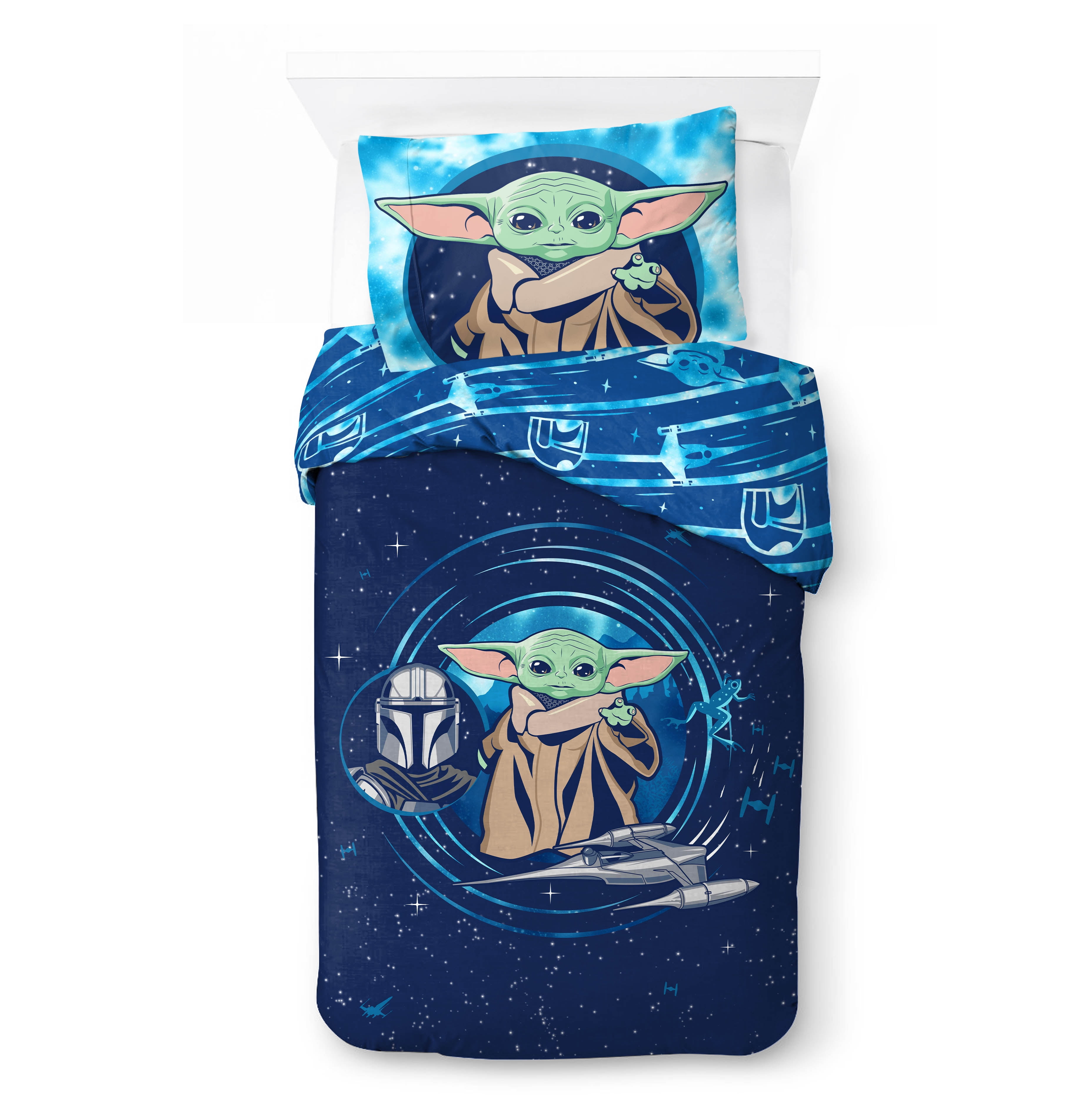 Baby Yoda Kids 2-Piece Twin/Full Reversible Comforter Set, Blue, Star Wars