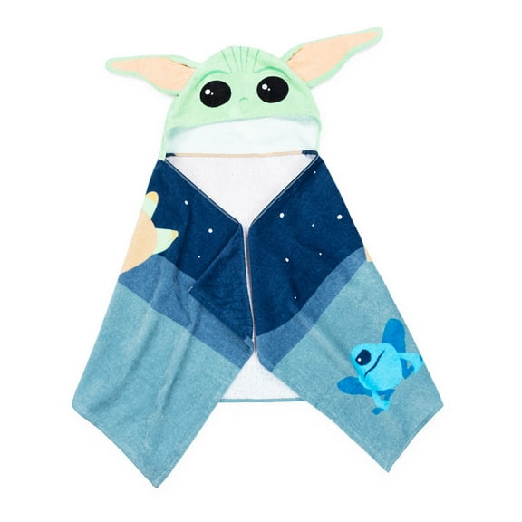 Star Wars Baby Yoda Kids Cotton Hooded Towel, Blue and Green, 22" x 51"