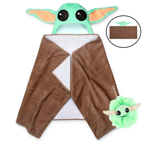 Baby Yoda Kids Hooded Towel and Character Loofah Set, Cotton, Green, Star Wars