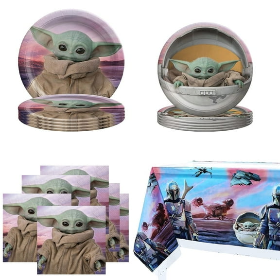 Baby Yoda Party Supplies 41Pack include 20 plates, 20 napkins Tablecloth for Baby Yoda birthday party decoration