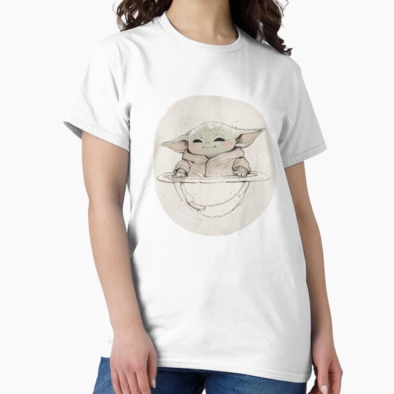 Baby Yoda Saturn Cute Chibi Space Child Floating Over Ringed Planet T-Shirt