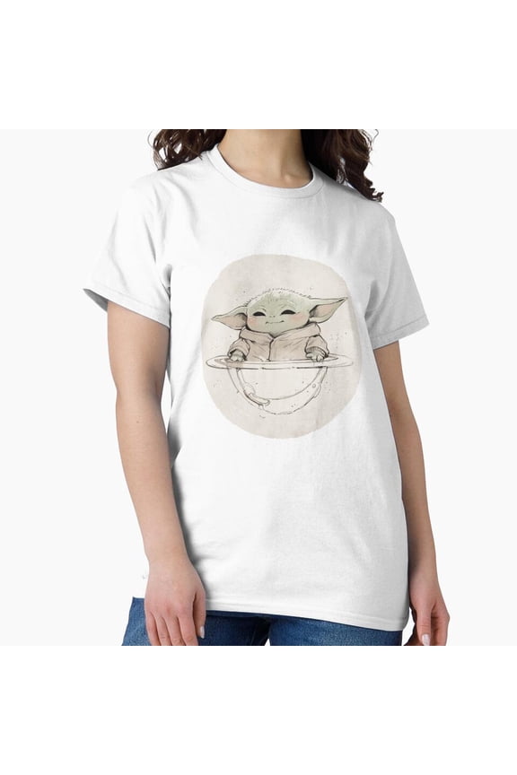 Baby Yoda Saturn Cute Chibi Space Child Floating Over Ringed Planet T-Shirt