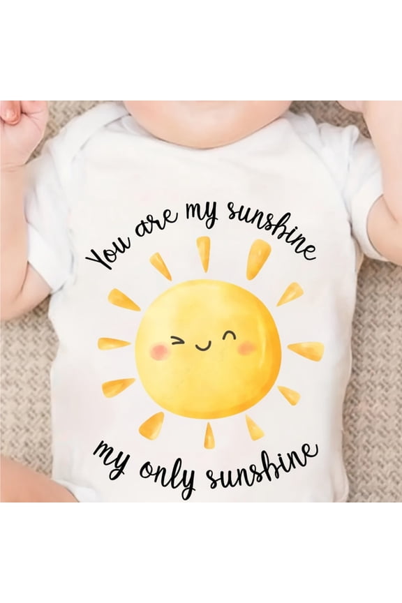 Baby "You Are My Sunshine" Sun Print Bodysuit - Soft Breathable Romper with Short Sleeves, Round Neck, All-Season Casual Wear, Baby Boy Outfits, Baby Boy Clothes, Sentimental Babywear, Trendy Babywea