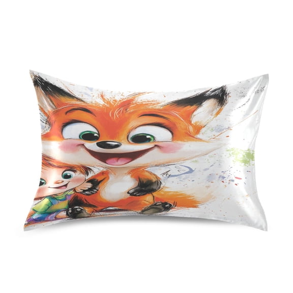 Baby and Fox Satin Pillowcase 20''x26'' Double-Sided Print Soft Wrinkle Resistant