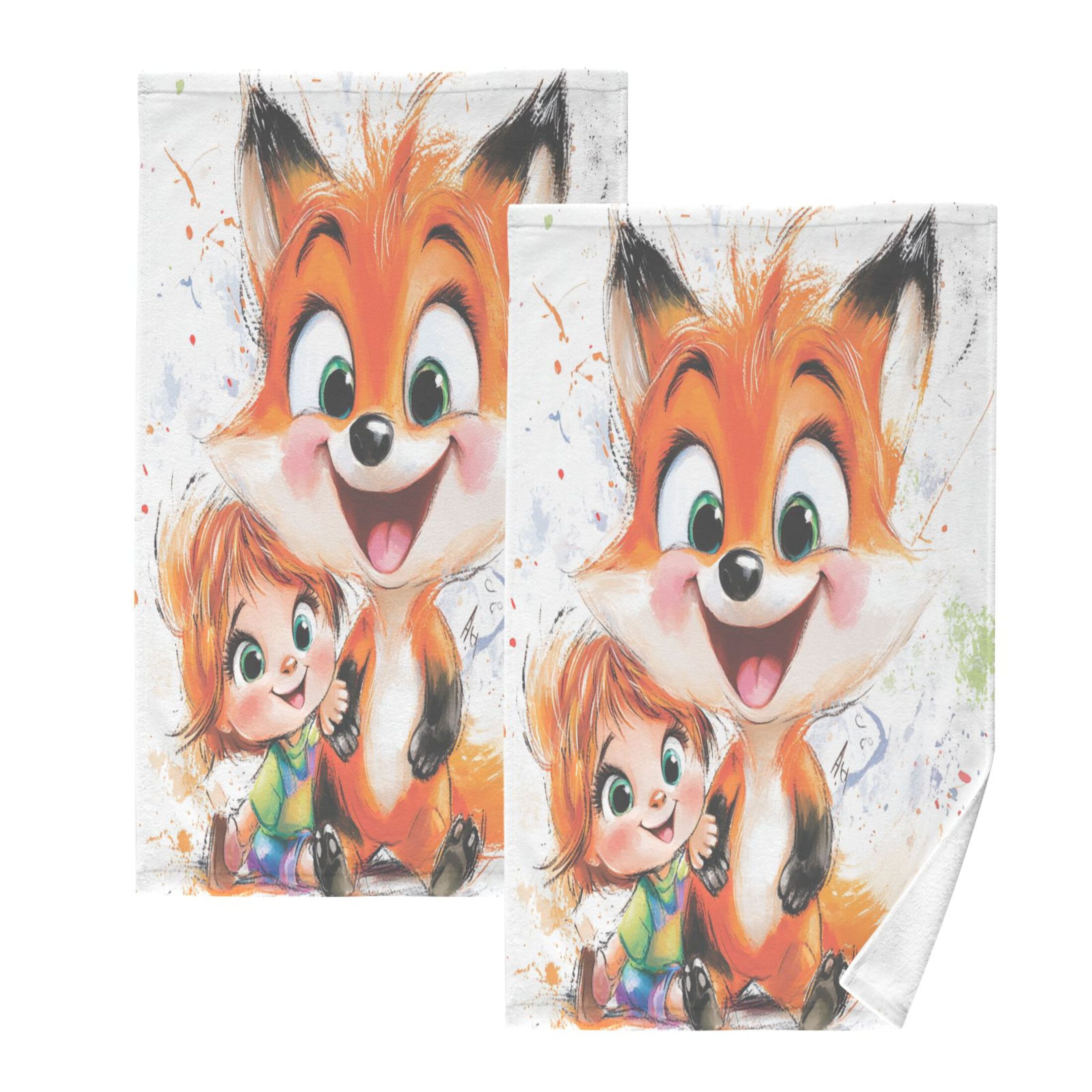 Baby and Fox Set of 2 Pure Cotton Towels, 16'' x 28'', Highly Absorbent and Soft