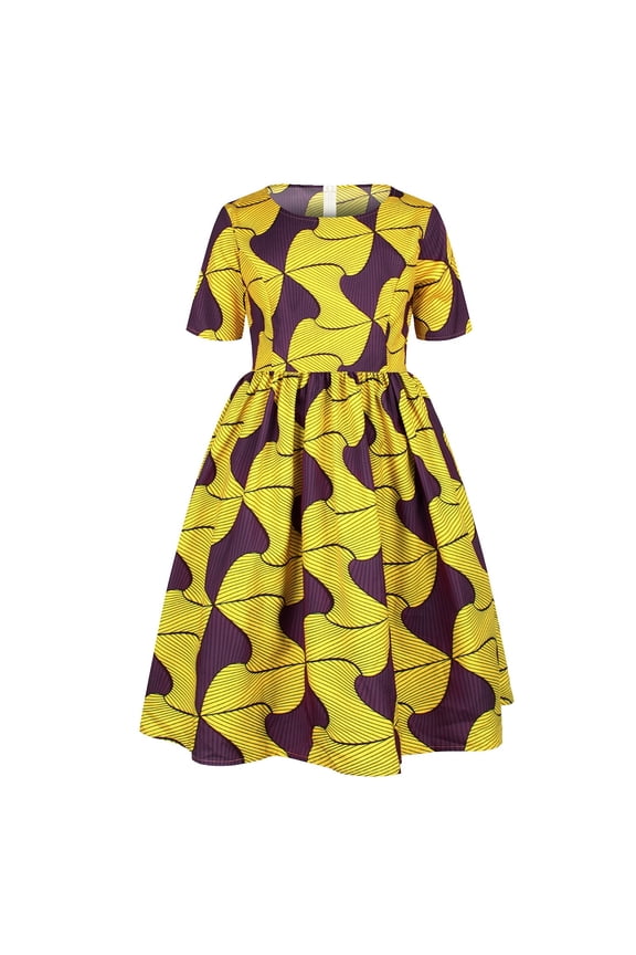 Baby and Toddler Girls Dresses Ankara Round Neck Dashiki Short Sleeve African Girls Activities Dress,Yellow,Size 1-2 Years