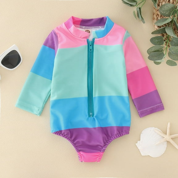 Baby and Toddler Girls Swimsuit Rompers Zipper Rash Guard Bathing Suit Bikini Ruffles Long Sleeve Swimwear UPF 50 Sun Bathing Suit for Toddlers 7T