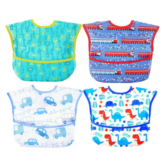 Baby bibs Waterproof Todder bib - Feeding Bib for Boy Girl Starter Bib with Crumb Catcher Pocket Washable Soft Stain and Odor Resistant 4Pack 6-24 Months