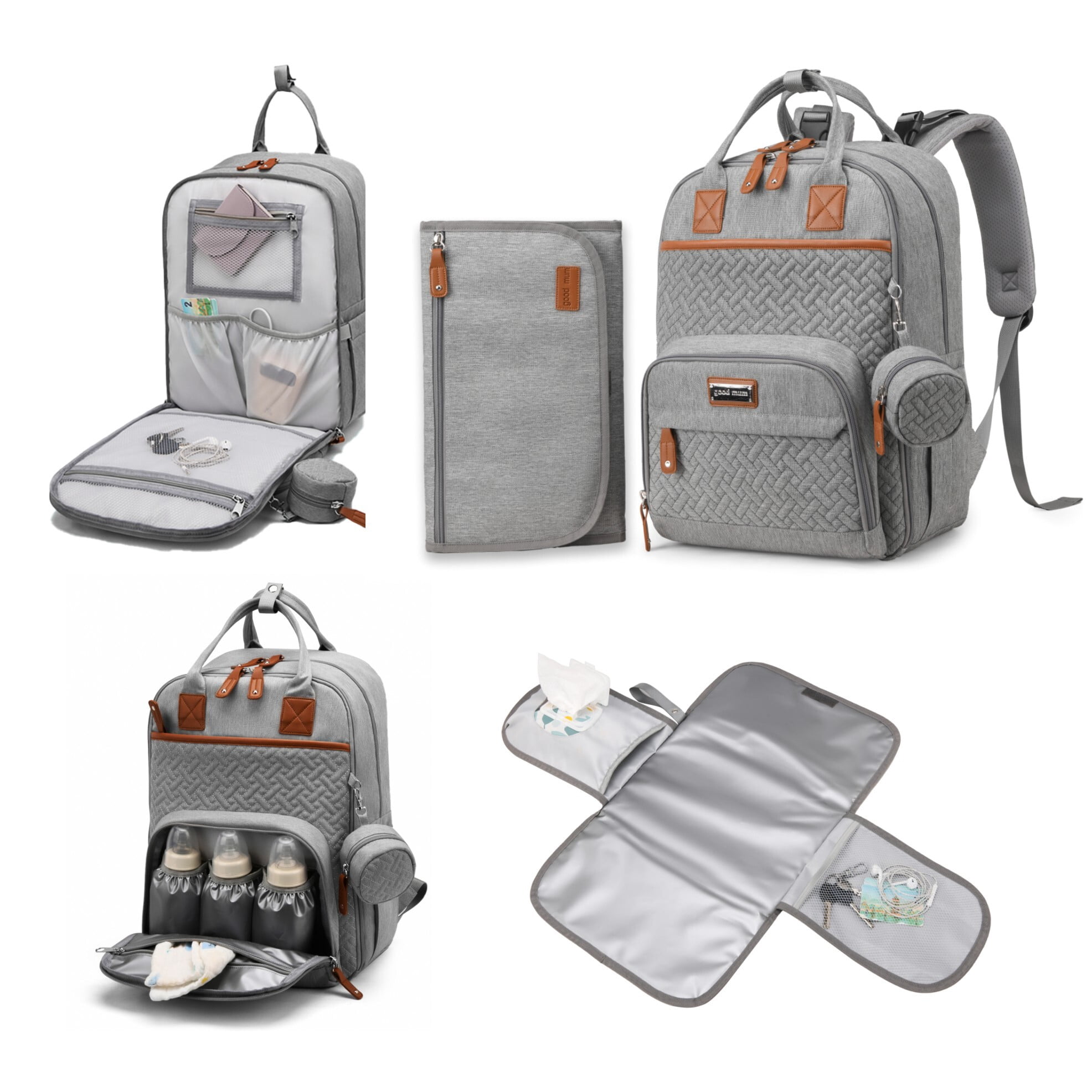 Baby diaper bag, with changing pad, multi-functional baby diaper bag, portable diaper bag, diaper bag storage bag, with insulated bottle bag, suitable for both boys and girls, gray.