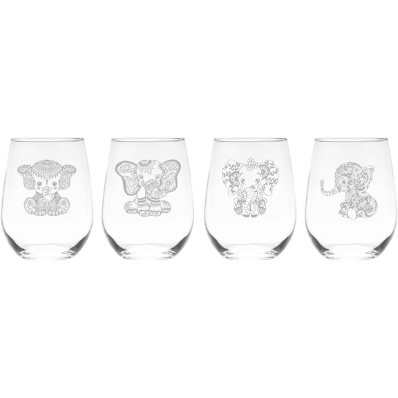 C&M Personal Gifts 17 oz Baby Elephant Stemless Wine Glass Set of 4