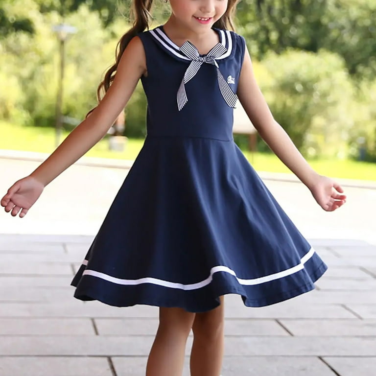 Baby girl dress Kids Little Girls' Dress Striped Solid Color Tank Dress  School Uniforms School Casual Bow Navy Blue Cotton Knee-length Cute Sweet