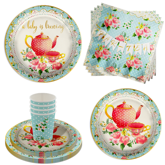 Baby is Brewing Tea Baby Shower Party Supplies 64 Piece Tableware Set Includes Large 9" Paper Plates Dessert Plates, Cups and Napkins Kit for 16