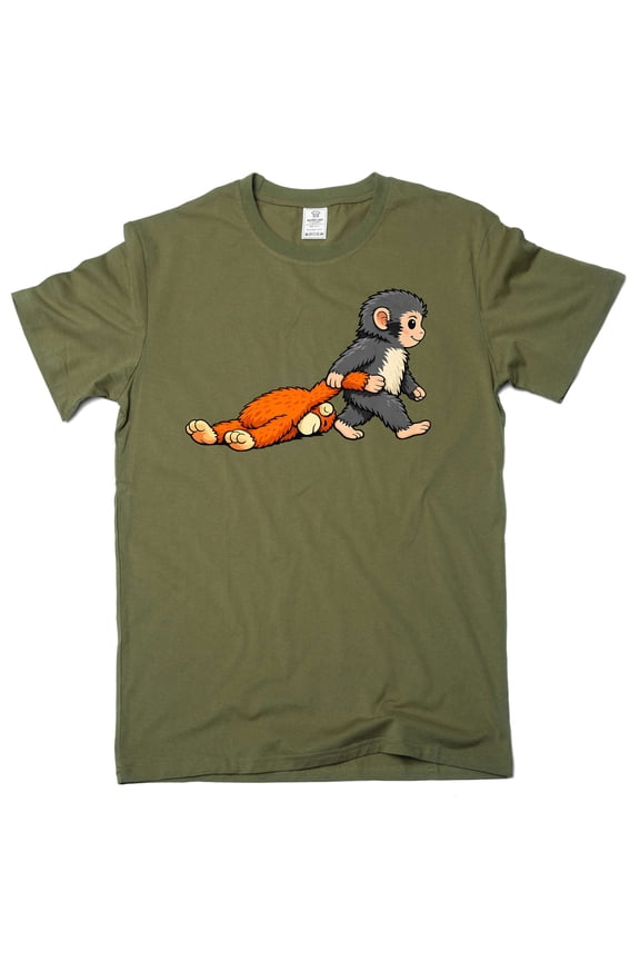 Baby monkey punch dragging toy cute internet vital Japan zoo tee shirt (Large Military Green)