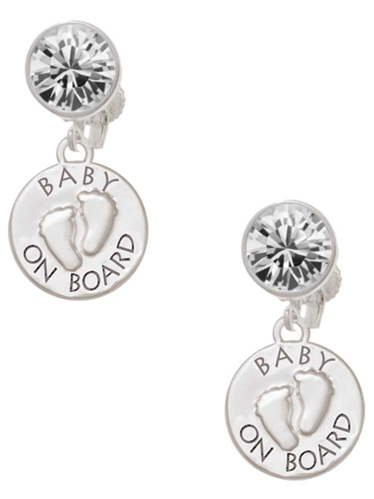 Baby on Board with Feet Clear Crystal Clip On Earrings