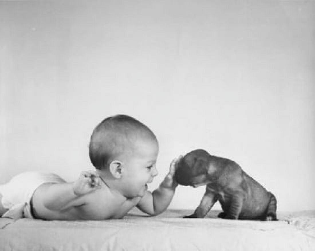 Baby playing with a puppy Canvas Art - (18 x 24)
