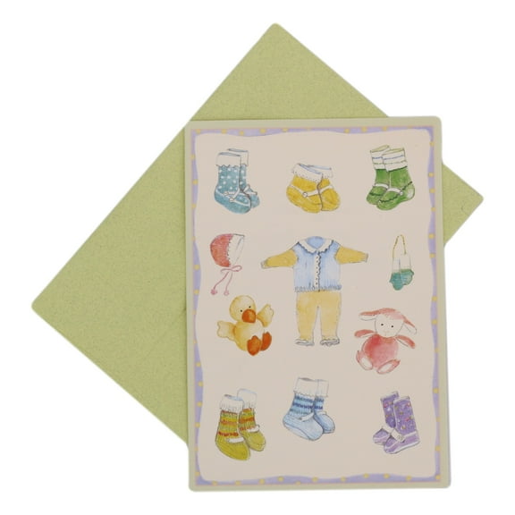 Baby's Arrival Greeting Card:  Front is illustrated with Clothes, Boots, Socks, Ducks, Rabbit