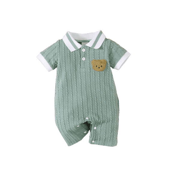 Baby's Bear Embroidery Short Sleeve Ribbed Knit Spliced Jacquard Romper, Comfortable and Cute for Boys/Girls
