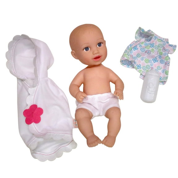 Goldberger Baby's First: 13" Skin-So-Soft Playful Bathtime Baby Softina - White Bath Blanket with Pink Flower - Bath Time Doll, 4 Accessories Pieces, Toddler-Kids 2+