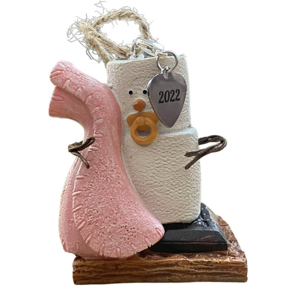 Baby's First Birthday Girl S'Mores Baby Ornament Holding a Pink Blanket Dated 2022 for New Parents, Birth, Baby Shower, Christmas in White Gift Box