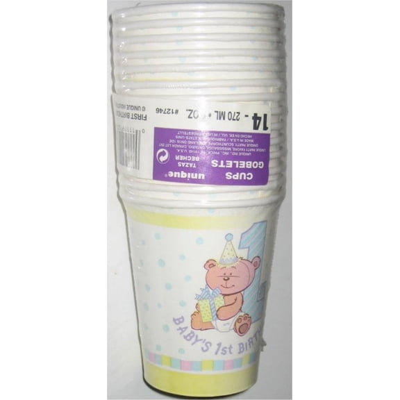 Baby's First Birthday Unique 9oz Cup Pack - Bear & Present - (14 Paper Cups)