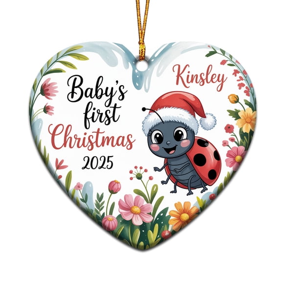 Baby's First Christmas Ceramic Ornament, Cute Ladybug Baby Christmas Ornament Gift for New Dad Mom, Custom Name Text Year & Baby Ceramic Christmas Ornaments 2025