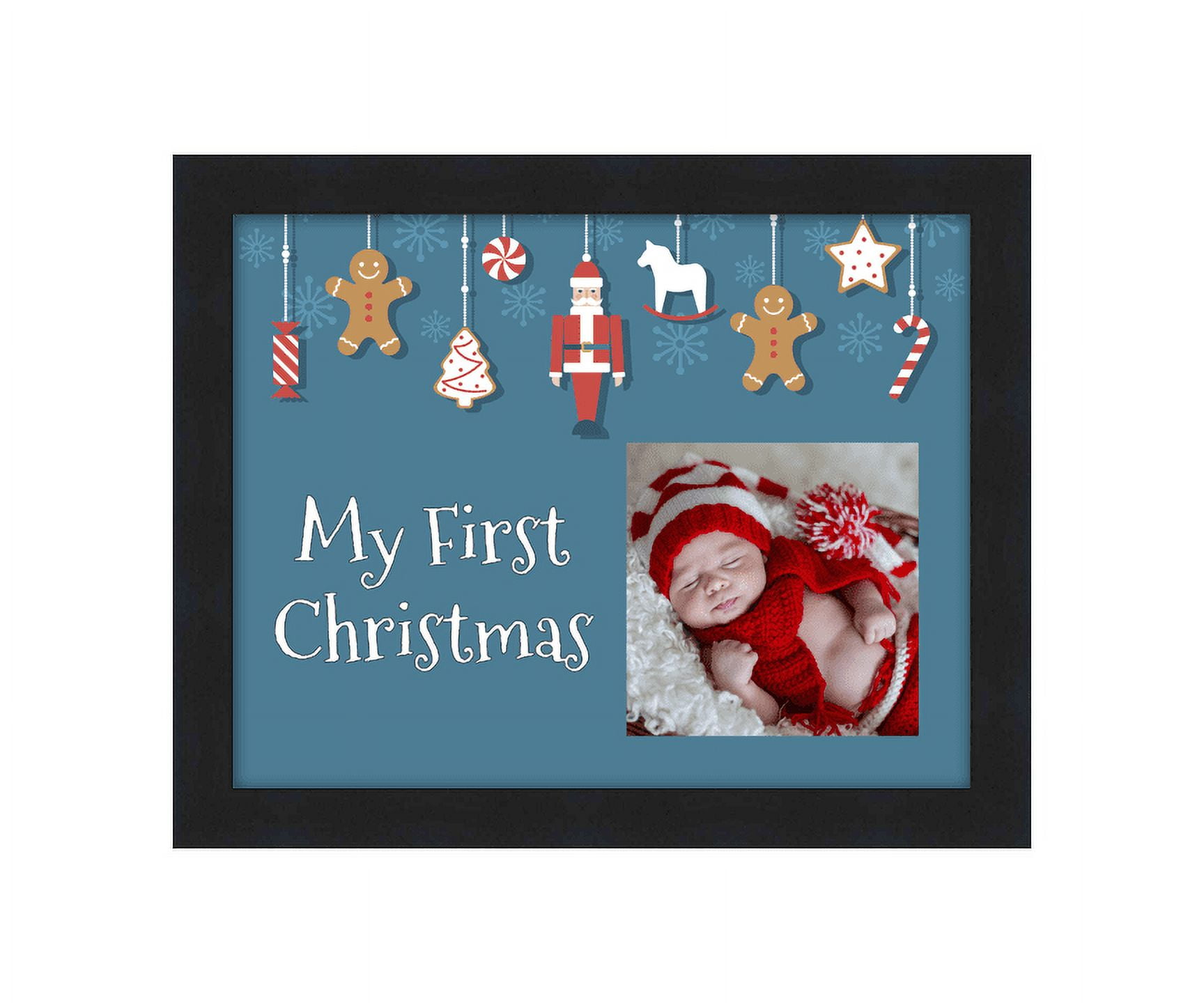 Baby's First Christmas Frame (Blue) Black Wood Frame with Christmas