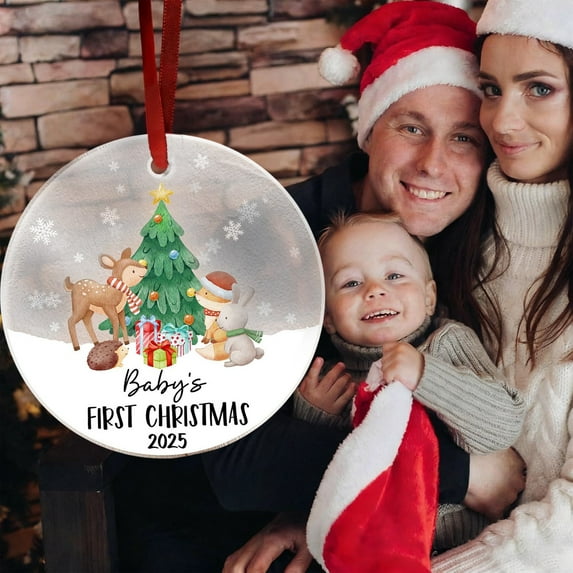 Baby’s First Christmas Ornament 2025 – Clear Acrylic Hanging Pendant with Cartoon Tree & Animal Print – Infant Keepsake for Boys & Girls – Includes Red Ribbon