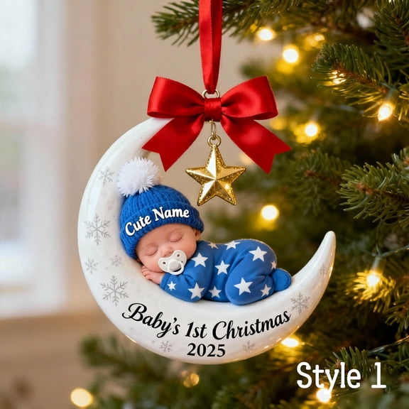 Baby’s First Christmas Ornament – Moon Acrylic Keepsake, Personalized Newborn Gift, Baby Shower Keepsake