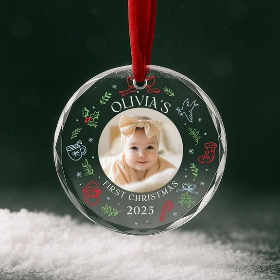 Baby’s First Christmas Photo Glass Ornament 2025 – Personalized Milestone Keepsake