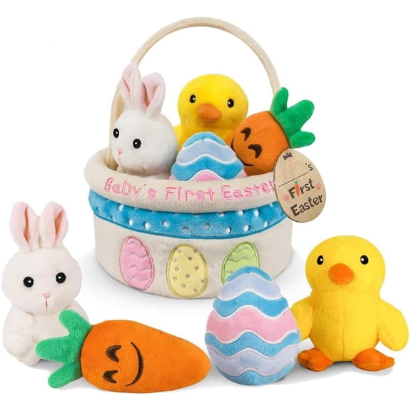 Baby's First Easter Basket Stuffers Playset, 5ct Stuffed Plush Bunny Chick Carrot Egg for Babies Girls Boys Kids Infant Toddler, Personalized Easter Decorations Gifts Party Supplies