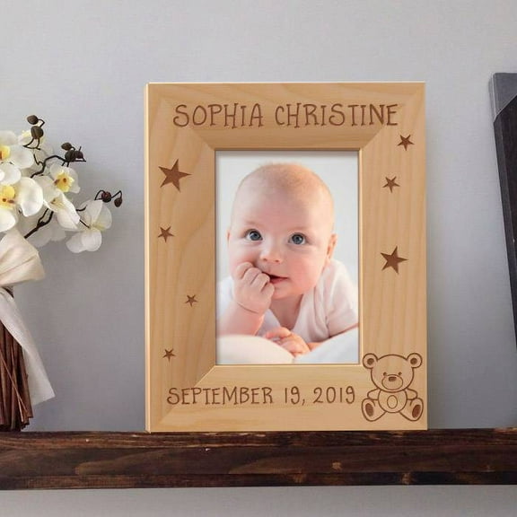 Baby's Name and Birthdate Personalized Wooden Picture Frame 3 1/2" x 5" Brown (Vertical)