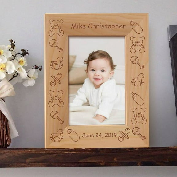 Baby's Name and Birthdate Personalized Wooden Picture Frame 4" x 6" Brown (Vertical)