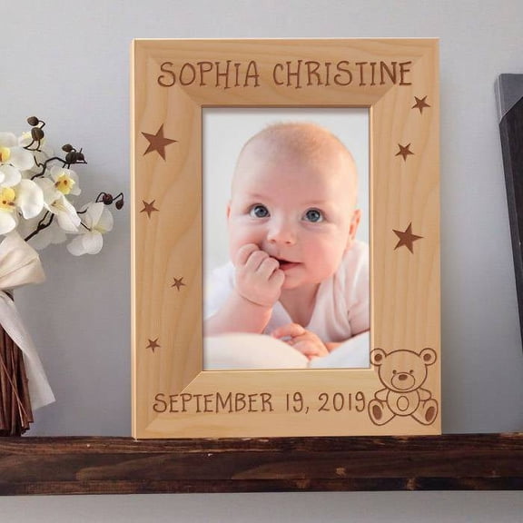 Baby's Name and Birthdate Personalized Wooden Picture Frame 4" x 6" Brown (Vertical)