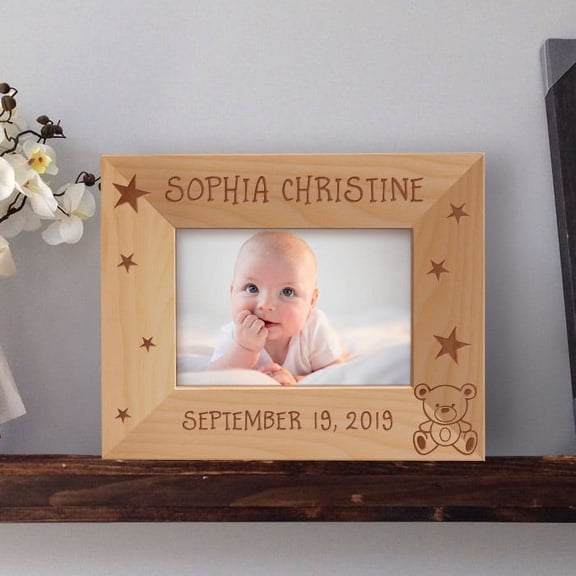 Baby's Name and Birthdate Personalized Wooden Picture Frame-5" x 3 1/2" Brown Horizontal