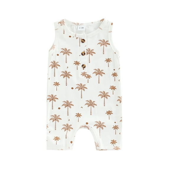 Baby's Romper, Printed Pattern Front Button Sleeveless Round Neck Snap Crotch Infant Boy Girl Jumpsuit