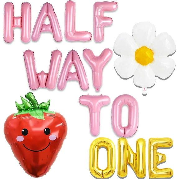 Baby's Six - Month Aluminum Foil Balloon Decoration Set - Pink and Gold HALF WAY TO ONE Themed Party Decorations, Including 14 - Piece Set with Strawberries and Flowers
