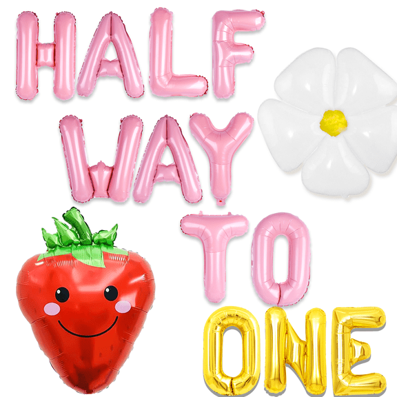 Baby's Six - Month Party Aluminum Foil Balloon Set - HALF WAY TO ONE Pink and Gold Theme + Strawberry and Flower Decorations