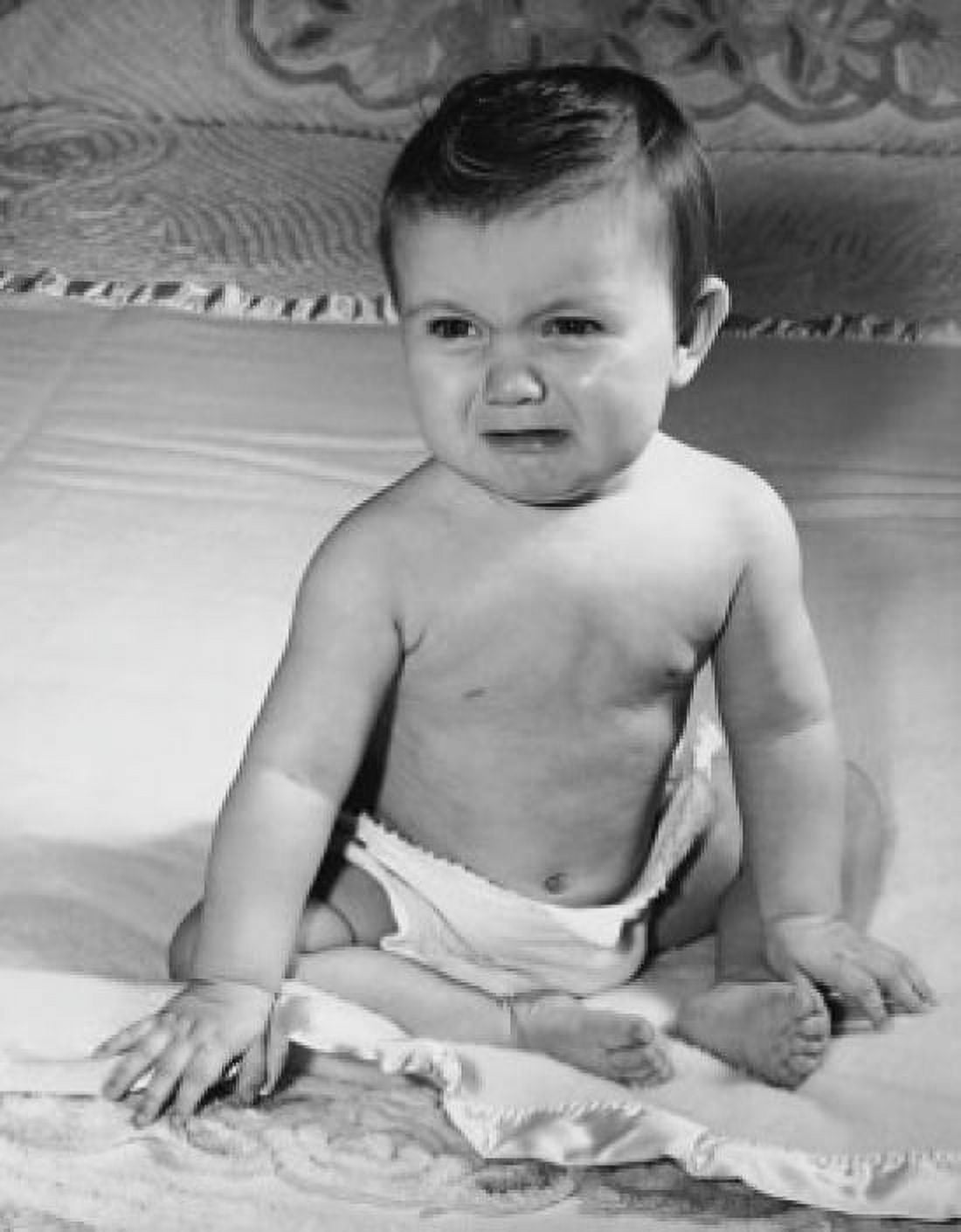 Baby sitting on the bed and crying Canvas Art - (18 x 24)