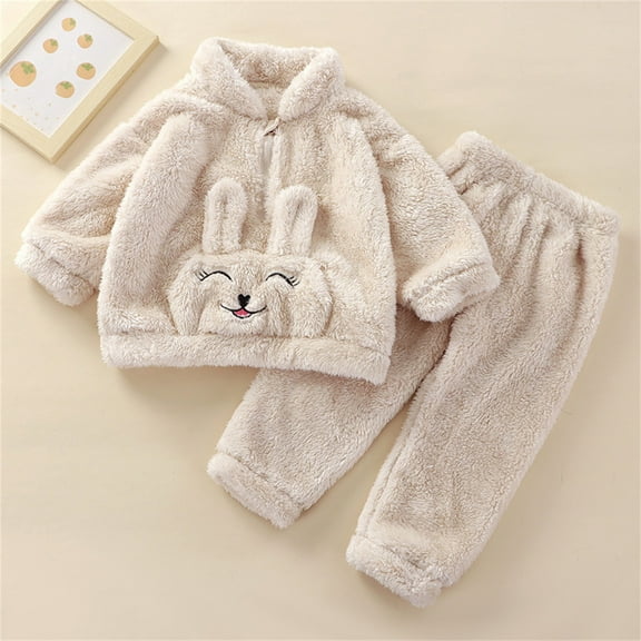 Baby 𝐅𝐥uffy Hooded 𝐅𝐥eece Outfit Long Sleeve Bear Zipper Tops Outwear   Warm Trousers 2Pcs Toddler Clothes