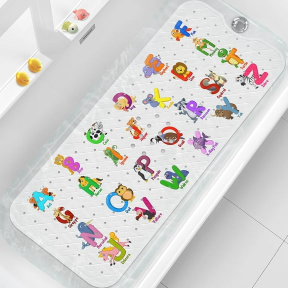 BabyBath Mat for Tub for Kids, Extra Long Kids Bath Mat for Tub Non Slip, Soft 40x16 Inches Kids Bathtub Mat Toddler Bath Mat with Suction Cups, Machine Washable, White Alphabet