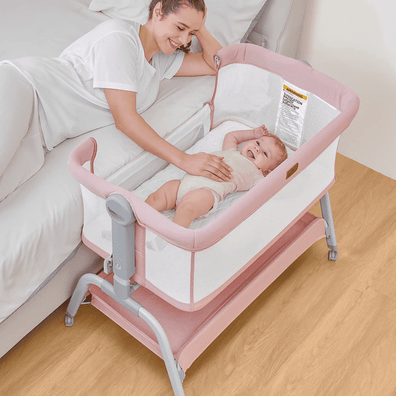 BabyBond Baby Bassinet, 3 in 1 Bassinet Bedside Sleeper with Washable Soft Mattress and Sheet, 6 Height Adjustable Easy Folding Bedside Crib, 4-Sided Mesh Bedside Bassinet for Baby,Pink